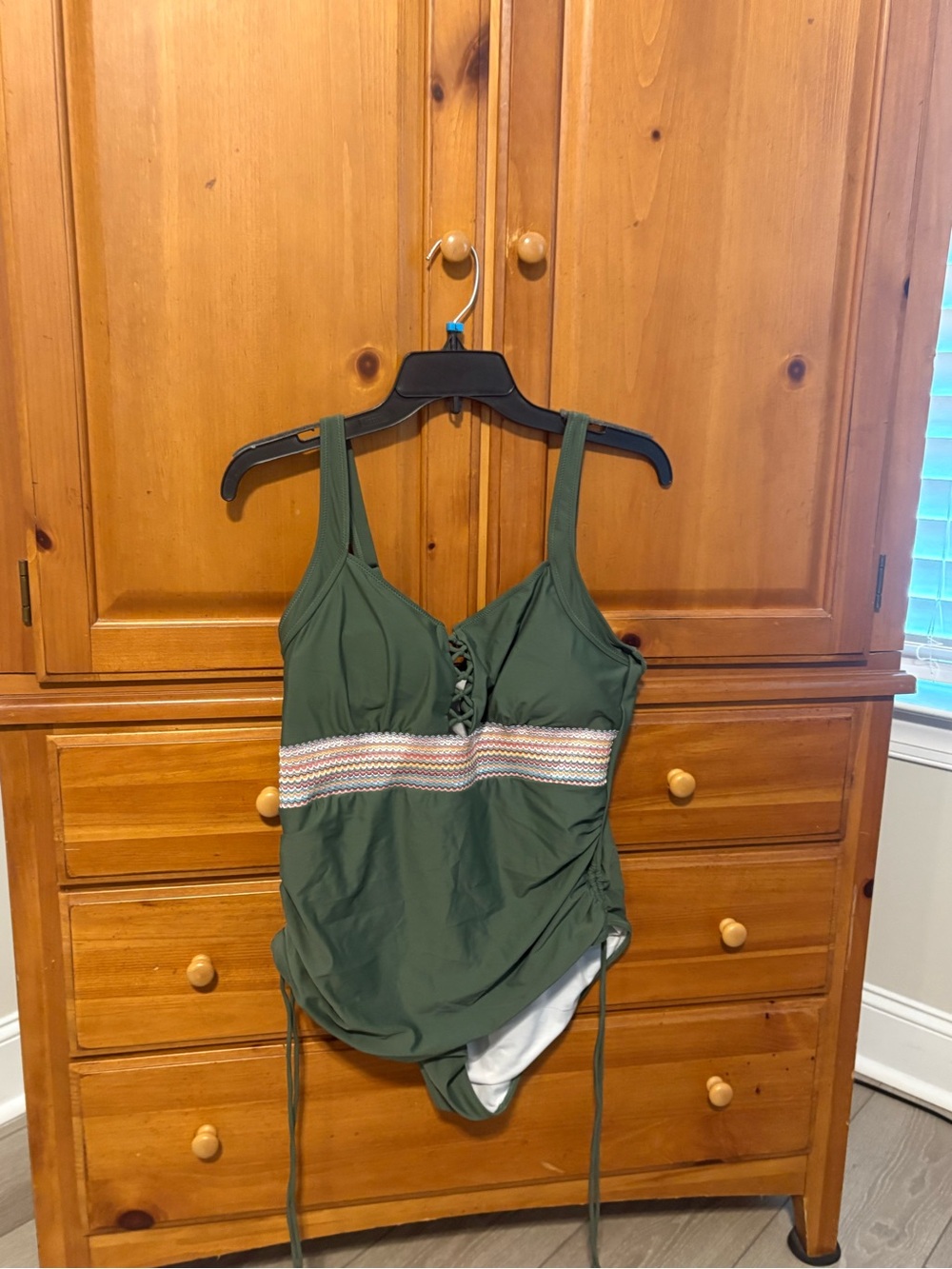 Women’s Olive Green One-Piece Swimsuit with Decorative Band